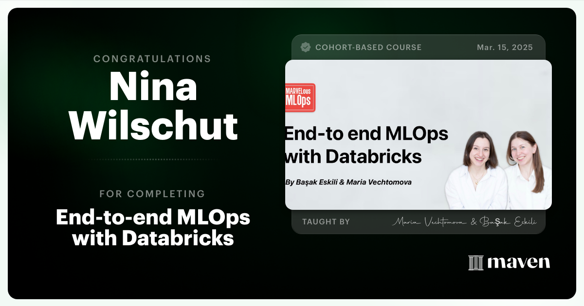 Certificate of Completion for End-to-end MLOps with Databricks