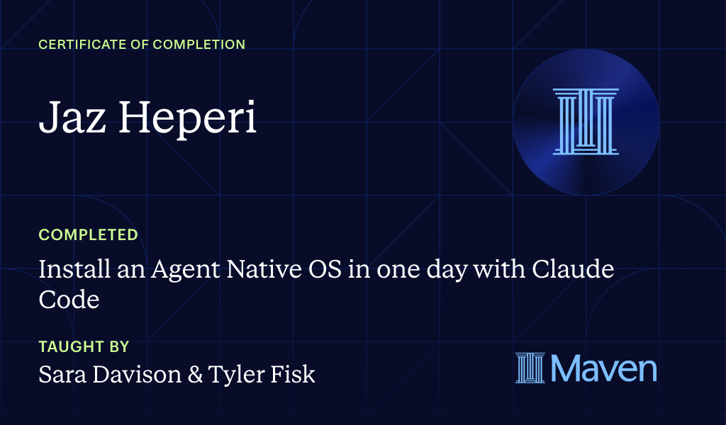 Certificate for Install an AI Agent Team + HQ in One Day with Claude Code (w/o Coding Skills)