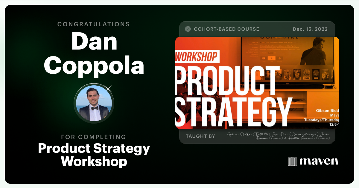 Certificate of Completion for Product Strategy Workshop 2022