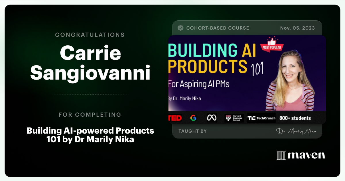 Certificate of Completion for AI Product Management 101 & Certification - Building AI Products end-to-end