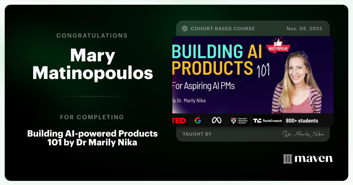 Certificate of Completion for AI Product Management 101 & Certification - Building AI Products end-to-end