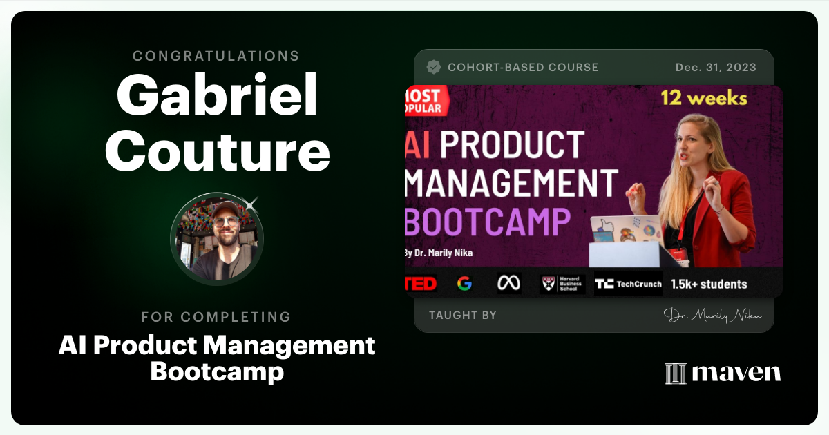 Certificate of Completion for AI Product Management Bootcamp & Certification by AI Product Academy