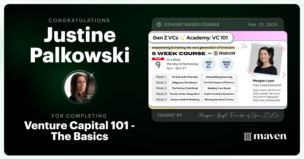 Certificate of Completion for Venture Capital 101 - The Basics