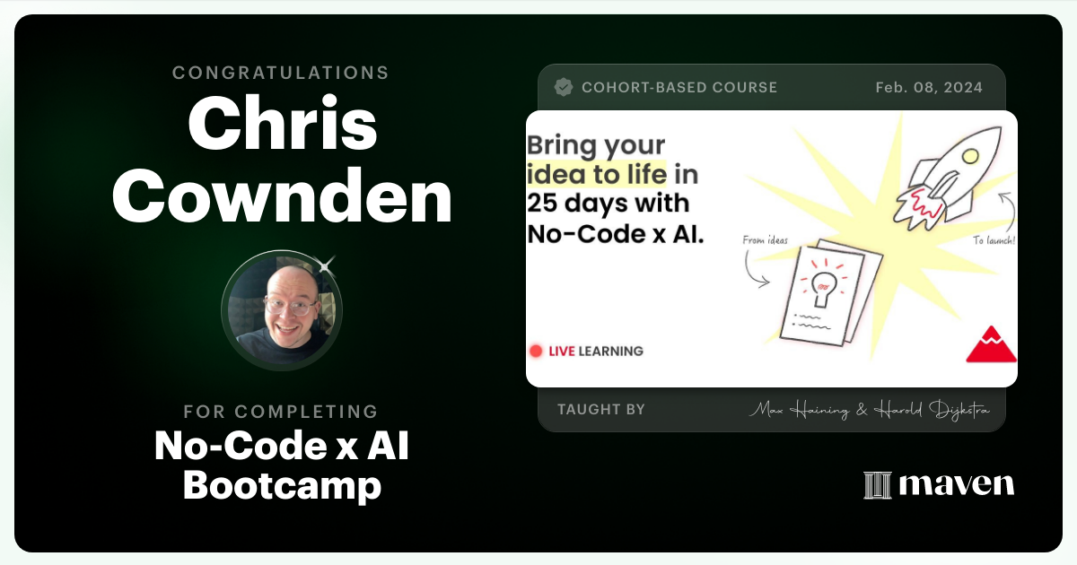 Certificate of Completion for No-Code x AI Bootcamp