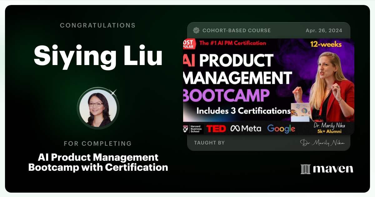 Certificate of Completion for AI Product Management Bootcamp & Certification by AI Product Academy