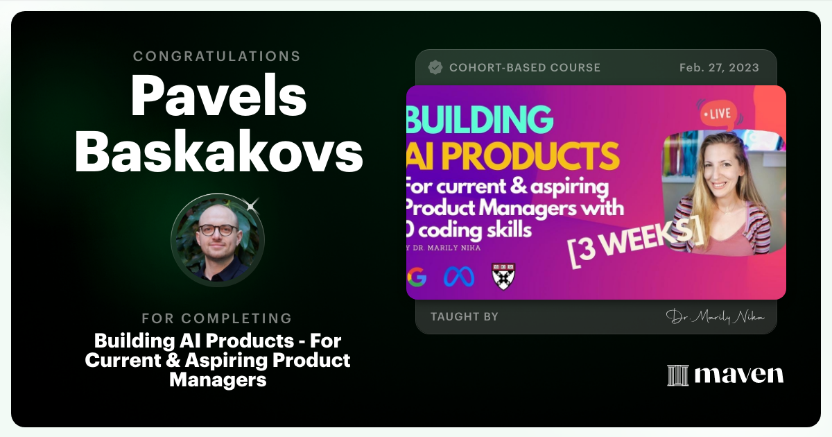 Certificate of Completion for AI Product Management 101 & Certification - Building AI Products end-to-end
