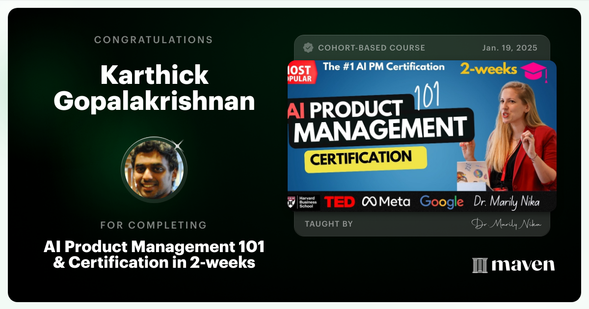 Certificate of Completion for AI Product Management 101 & Certification - Building AI Products end-to-end
