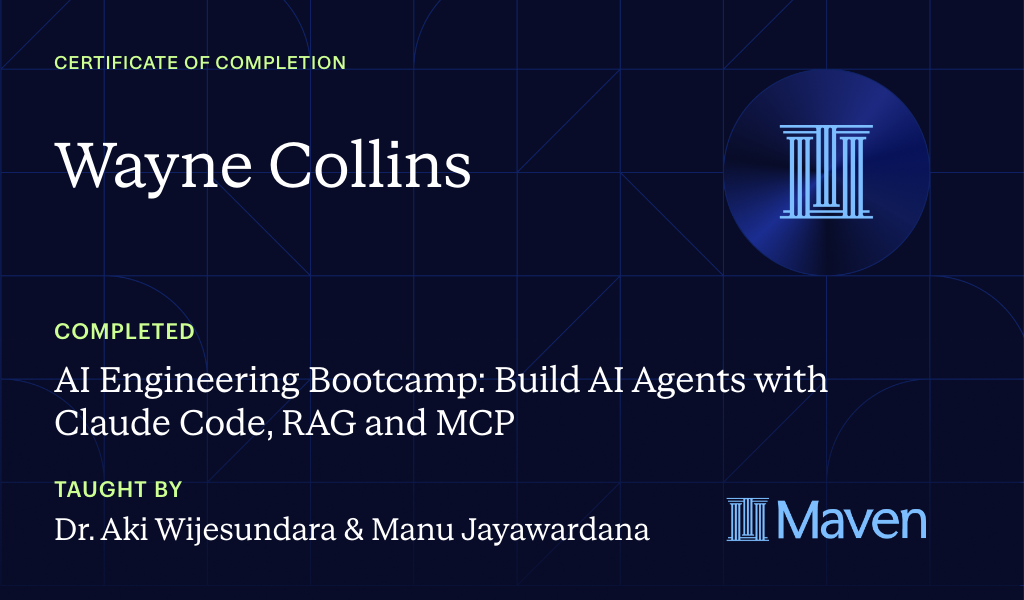 Certificate for AI Engineering Bootcamp: Build AI Agents with Claude Code, RAG and MCP