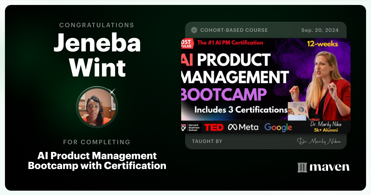 Certificate of Completion for AI Product Management Bootcamp & Certification by AI Product Academy