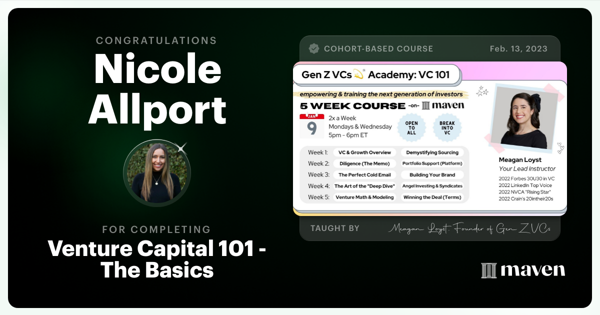 Certificate of Completion for Venture Capital 101 - The Basics