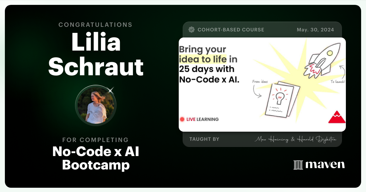 Certificate of Completion for No-Code x AI Bootcamp