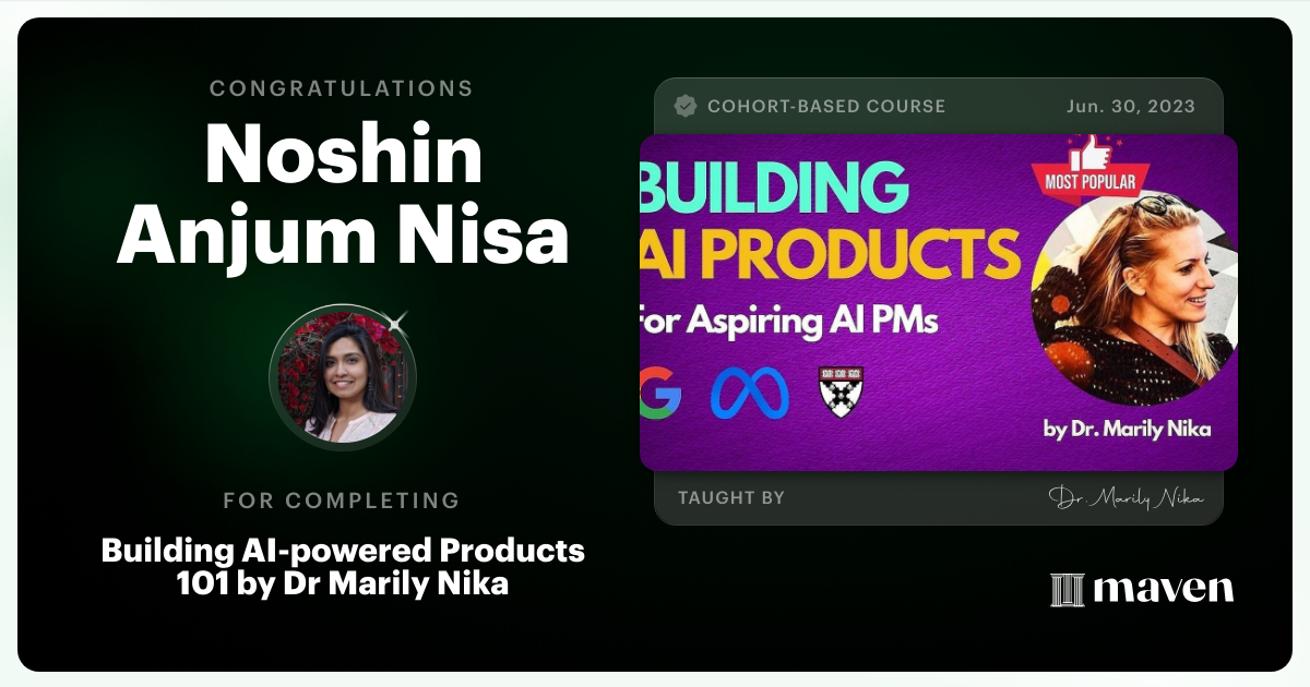 Certificate of Completion for AI Product Management 101 & Certification - Building AI Products end-to-end