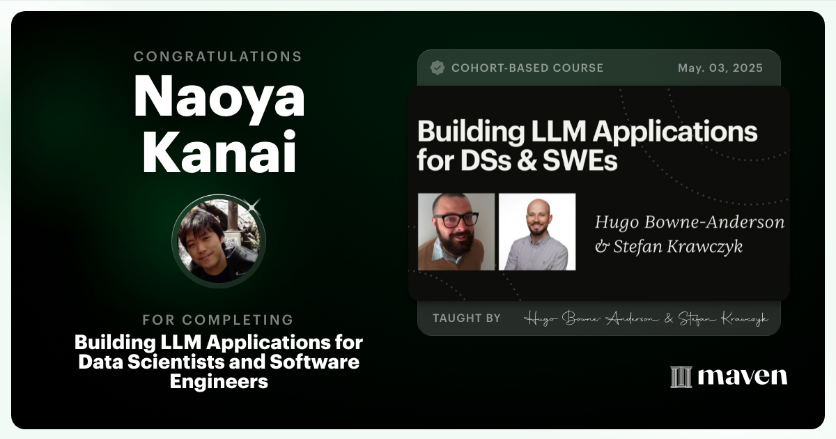 Certificate of Completion for Building AI Applications for Data Scientists and Software Engineers