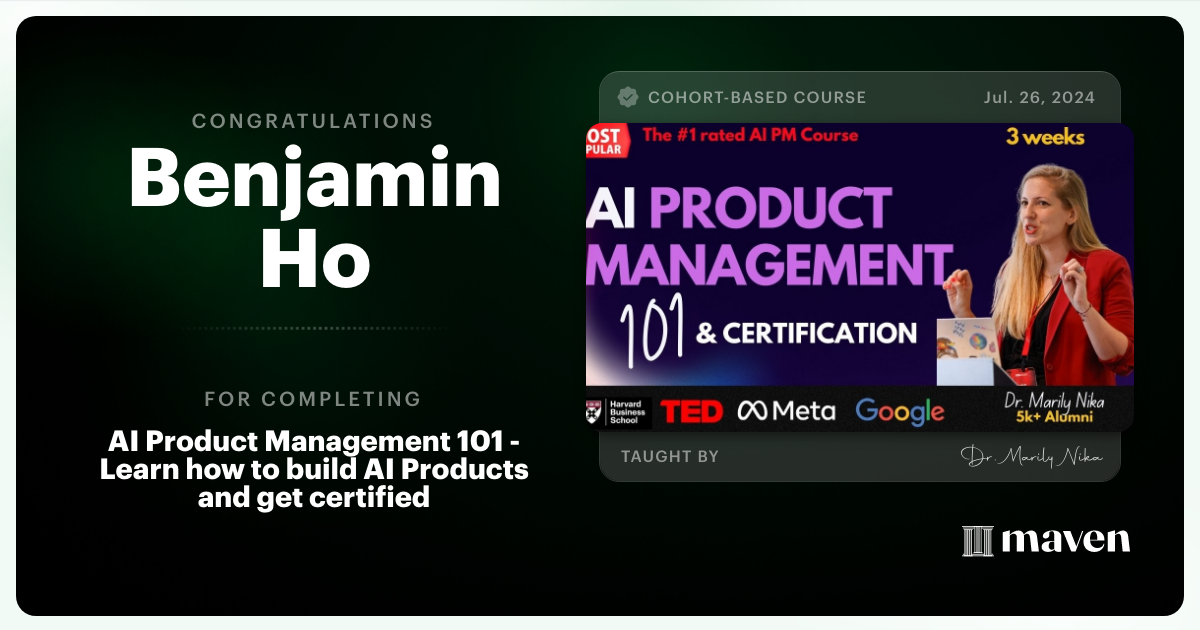 Certificate of Completion for AI Product Management 101 & Certification - Building AI Products end-to-end