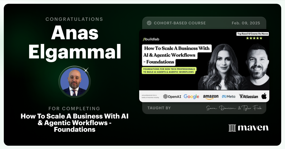 Certificate of Completion for How To Scale A Business With AI & Agentic Workflows - Foundations