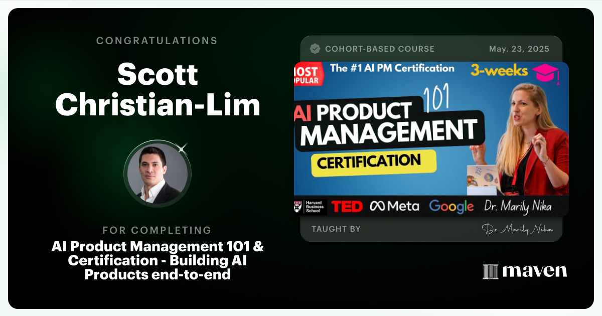 Certificate of Completion for AI Product Management 101 & Certification - Building AI Products end-to-end