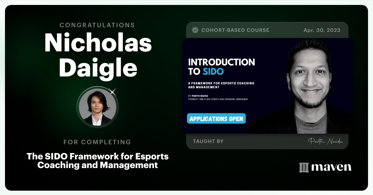 Certificate of Completion for The SIDO Framework for Esports Coaching and Management