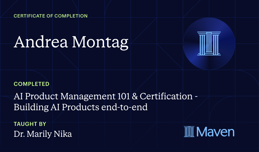 Certificate for AI Product Management 101 & Certification - Building AI Products end-to-end