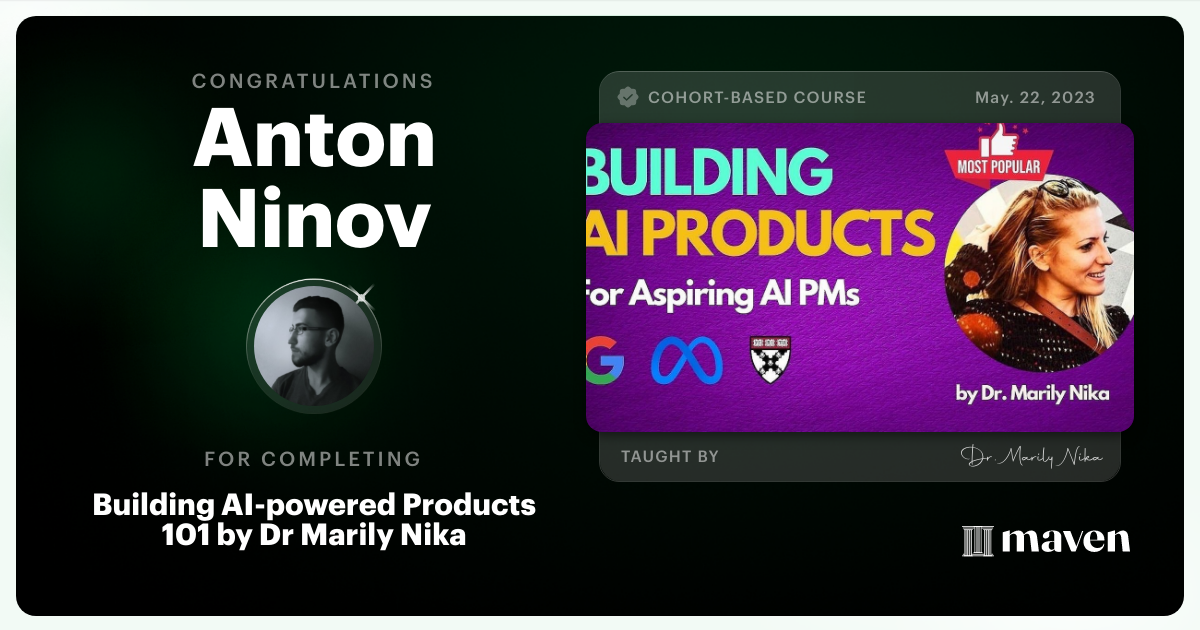 Certificate of Completion for AI Product Management 101 & Certification - Building AI Products end-to-end
