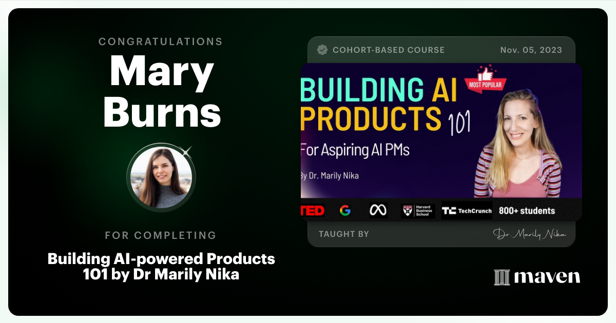 Certificate of Completion for AI Product Management 101 & Certification - Building AI Products end-to-end