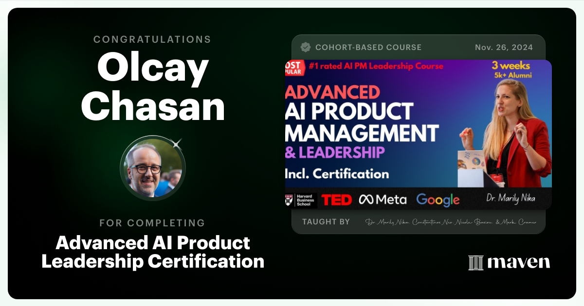 Certificate of Completion for Advanced AI Product Leadership Certification