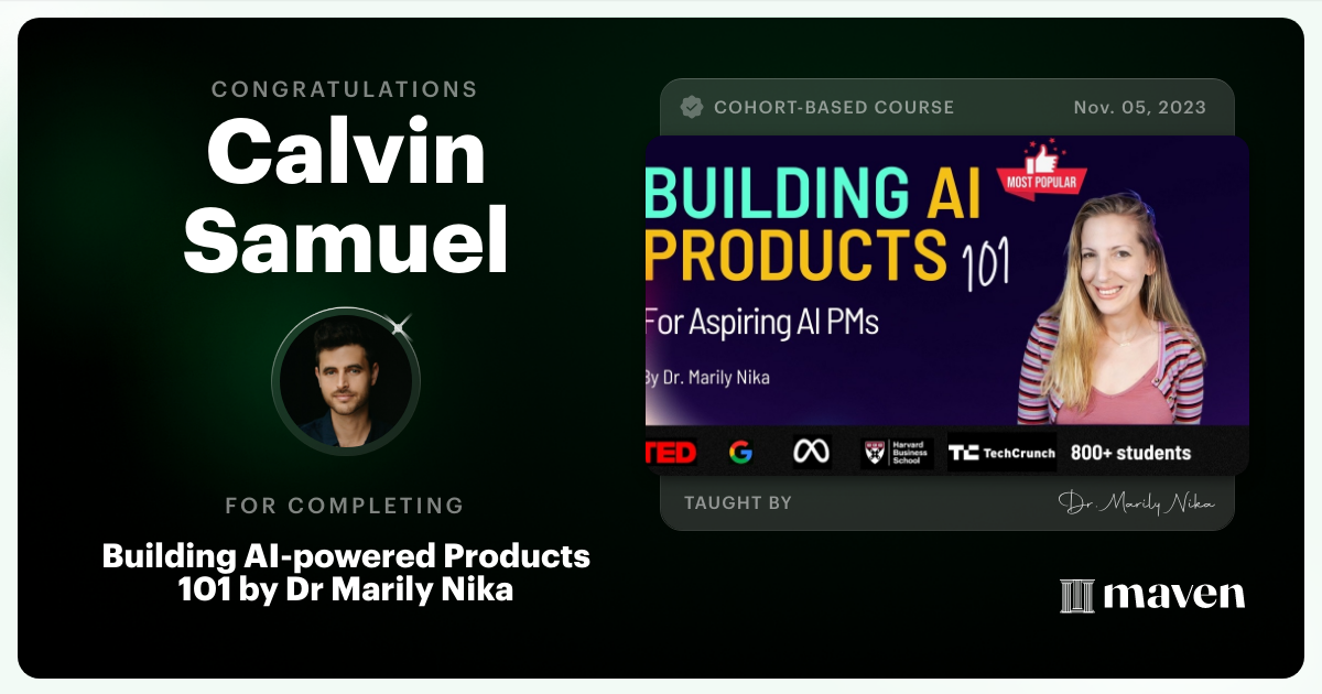 Certificate of Completion for AI Product Management 101 & Certification - Building AI Products end-to-end