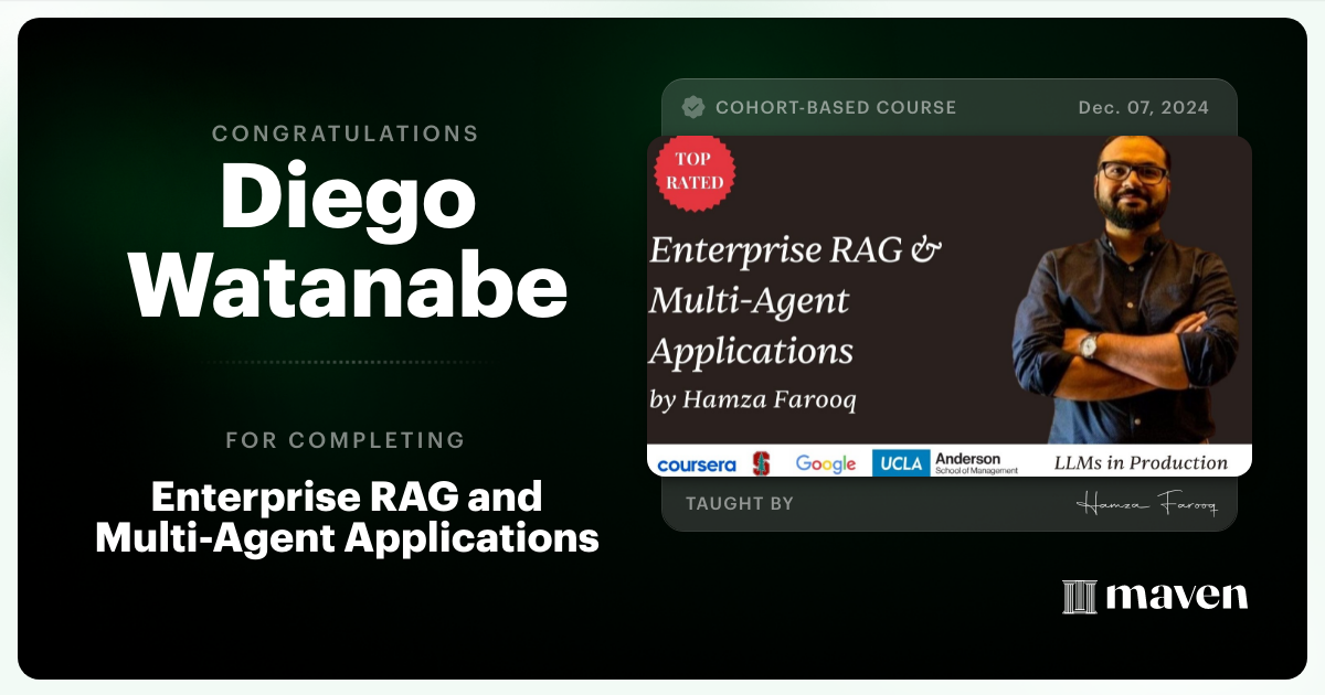 Certificate of Completion for Agent Engineering Bootcamp: Developers Edition