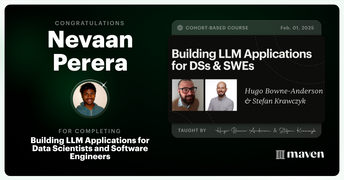 Certificate of Completion for Building AI Applications for Data Scientists and Software Engineers