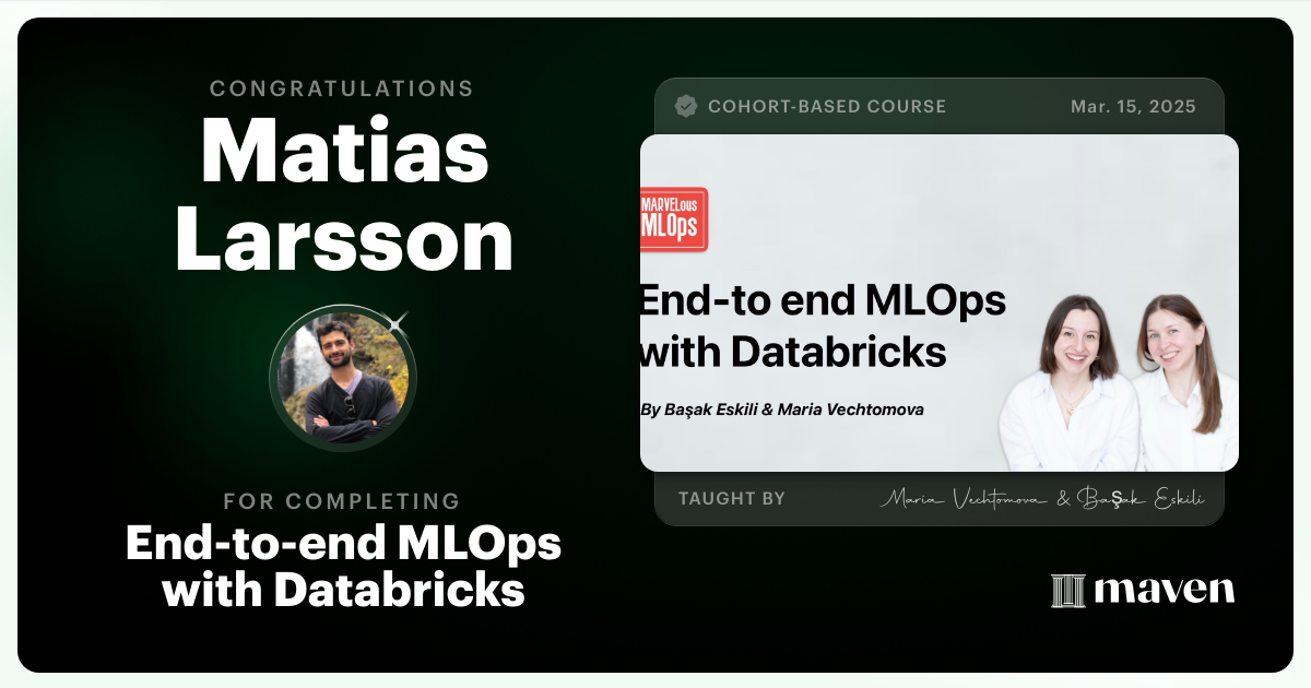 Certificate of Completion for End-to-end MLOps with Databricks