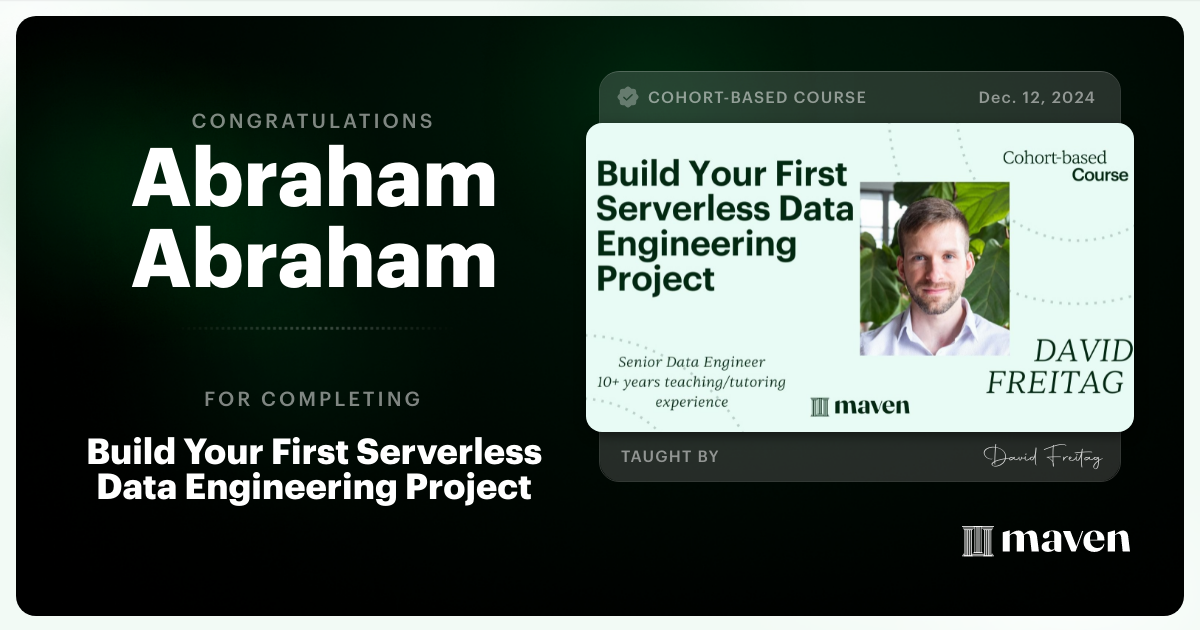 Certificate of Completion for Build Your First Serverless Data Engineering Project