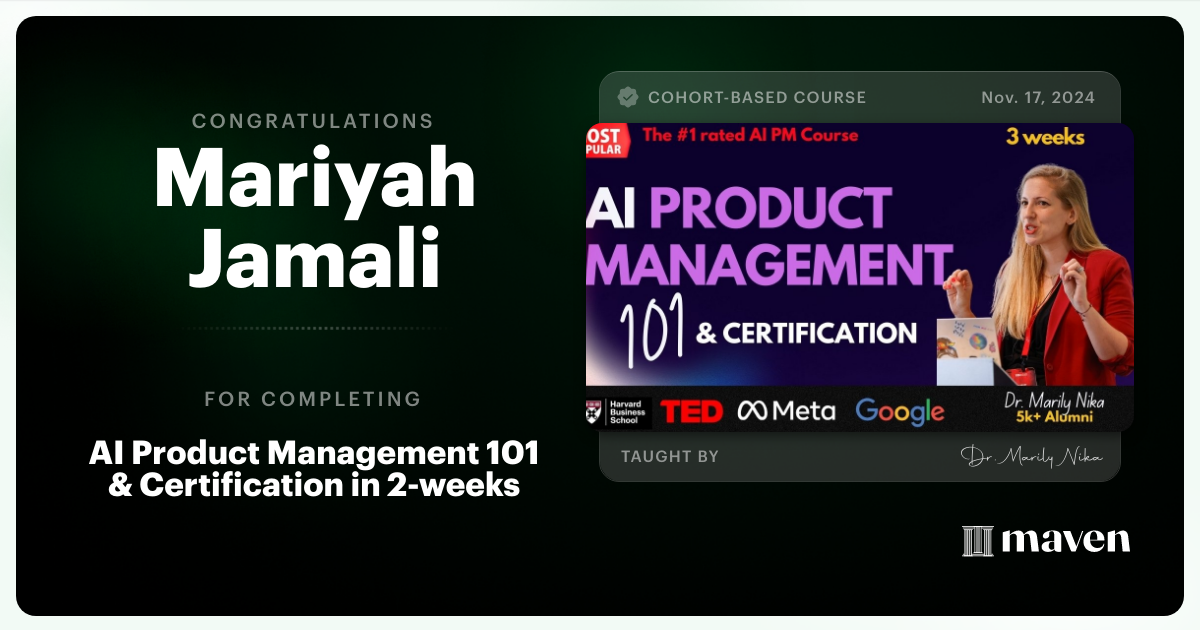 Certificate of Completion for AI Product Management 101 & Certification - Building AI Products end-to-end