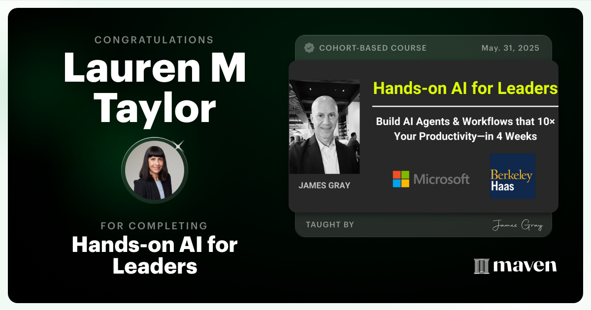 Certificate of Completion for Hands-on Agentic AI for Leaders