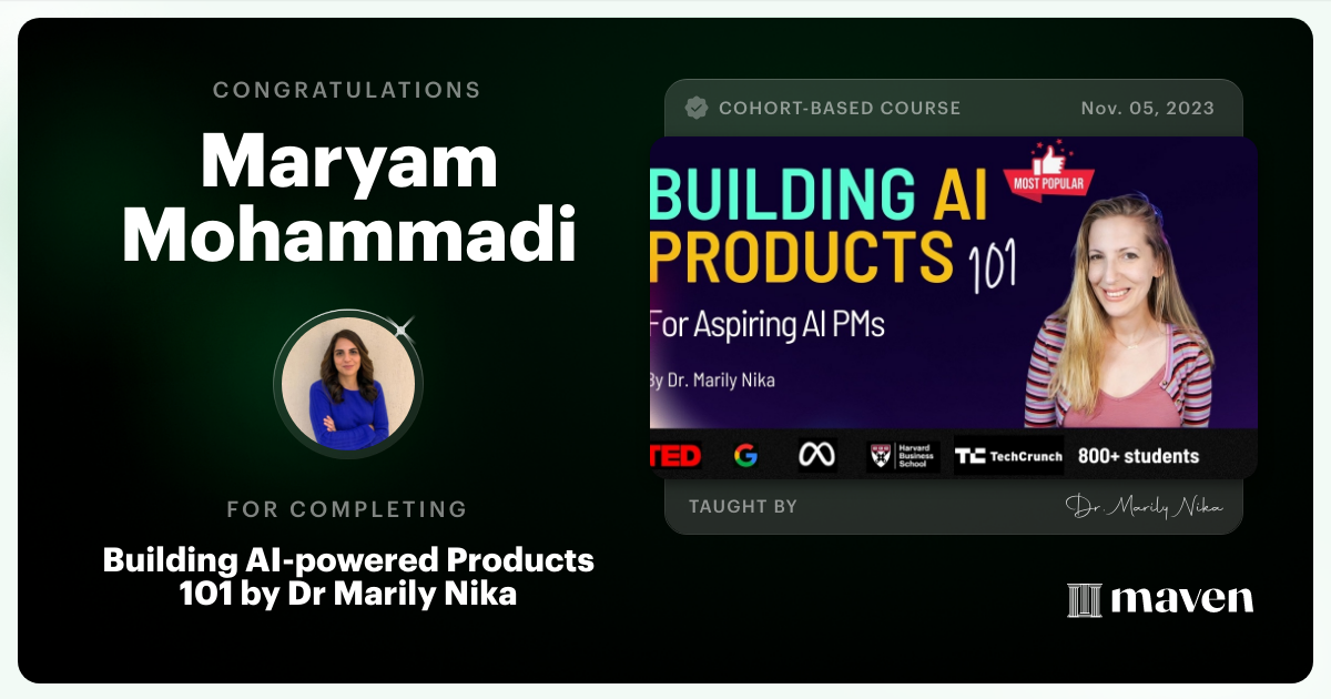Certificate of Completion for AI Product Management 101 & Certification - Building AI Products end-to-end