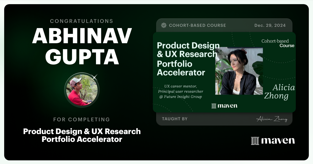 Certificate of Completion for Product Design & UX Research Portfolio Accelerator