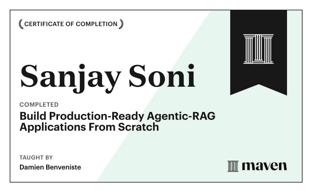 Certificate for Build Production-Ready Agentic-RAG Applications From Scratch