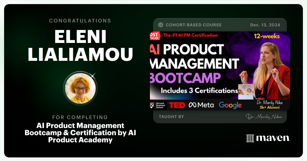 Certificate of Completion for AI Product Management Bootcamp & Certification by AI Product Academy