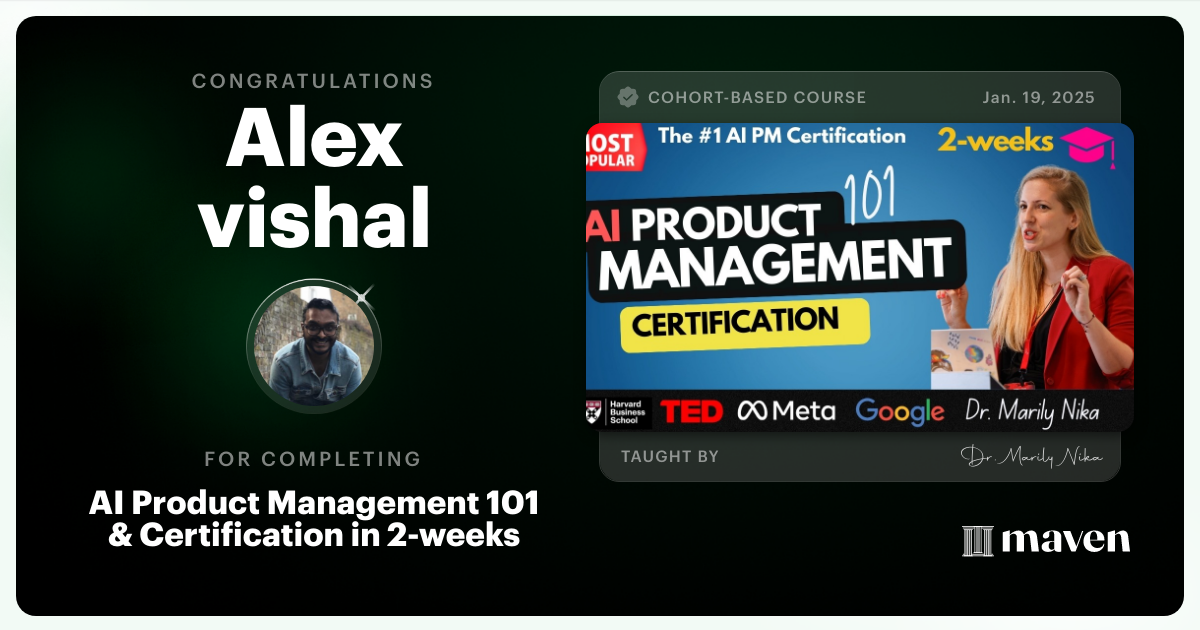Certificate of Completion for AI Product Management 101 & Certification - Building AI Products end-to-end