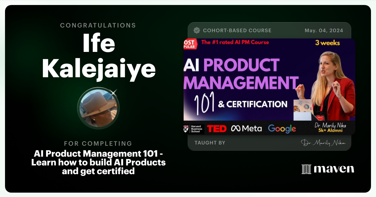 Certificate of Completion for AI Product Management 101 & Certification - Building AI Products end-to-end