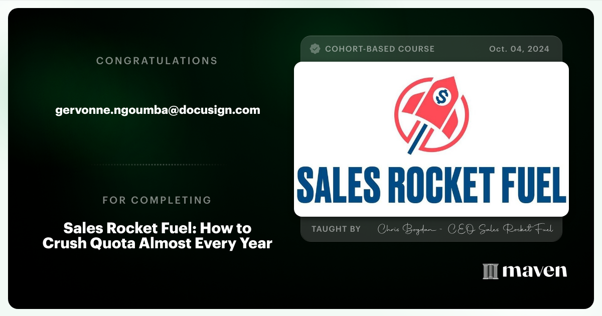 Certificate of Completion for Sales Rocket Fuel: How to Crush Quota Almost Every Year
