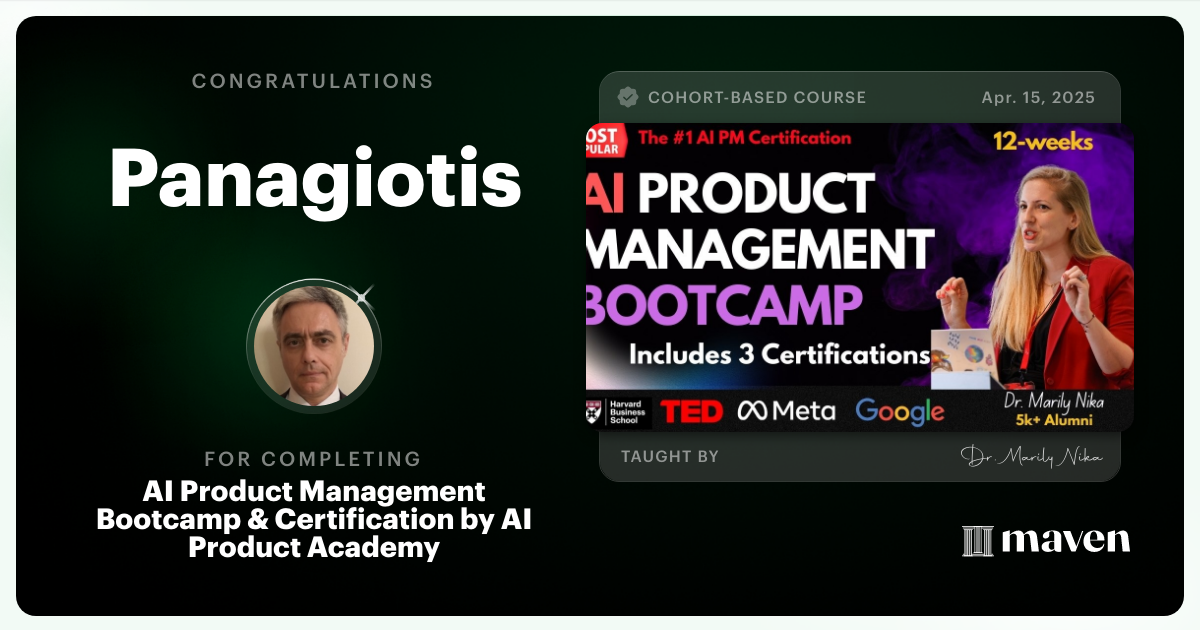 Certificate of Completion for AI Product Management Bootcamp & Certification by AI Product Academy