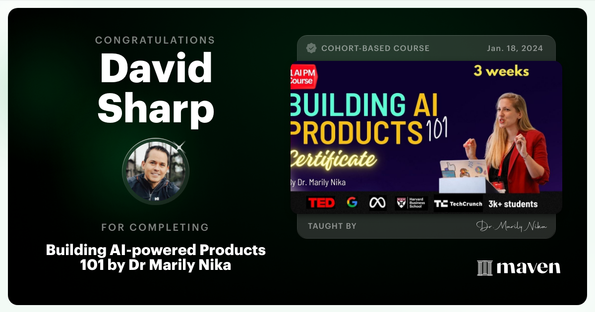 Certificate of Completion for AI Product Management 101 & Certification - Building AI Products end-to-end