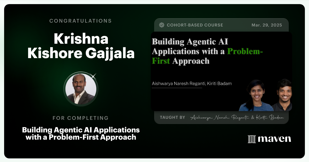 Certificate of Completion for Building Agentic AI Applications with a Problem-First Approach