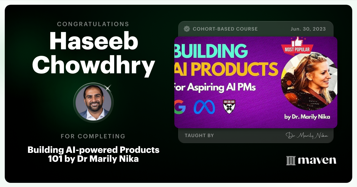 Certificate of Completion for AI Product Management 101 & Certification - Building AI Products end-to-end