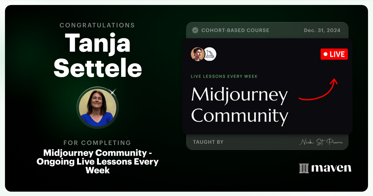 Certificate of Completion for Midjourney Community - Ongoing Live Lessons Every Week