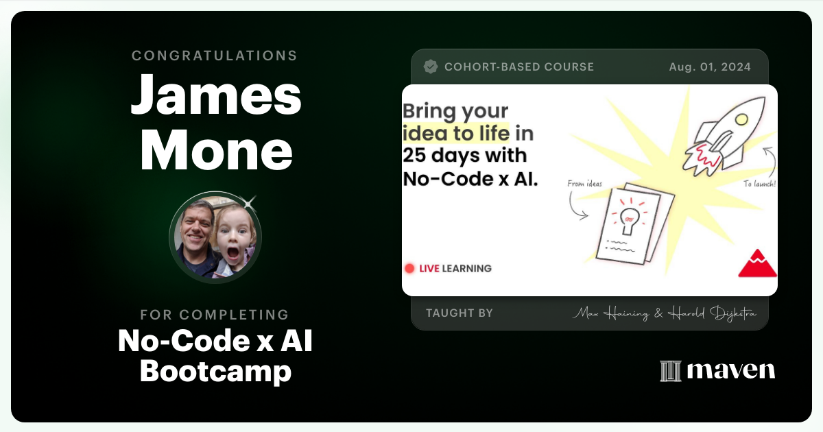 Certificate of Completion for No-Code x AI Bootcamp