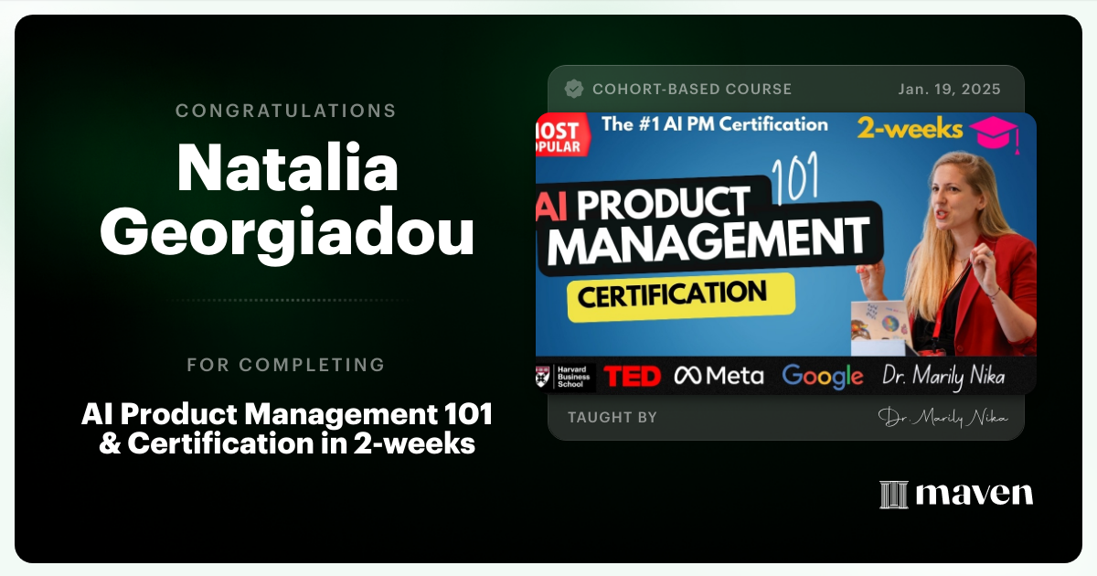 Certificate of Completion for AI Product Management 101 & Certification - Building AI Products end-to-end