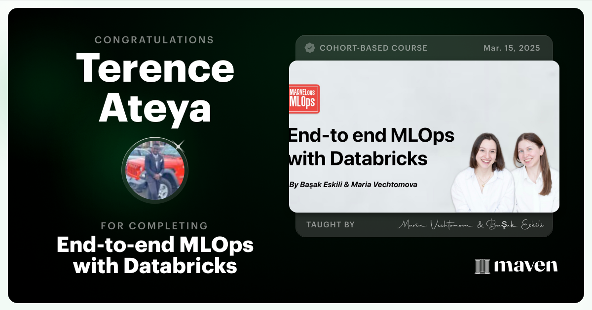 Certificate of Completion for End-to-end MLOps with Databricks