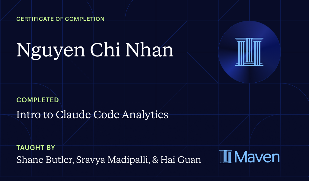 Certificate for Intro to Agentic Analytics in Claude Code