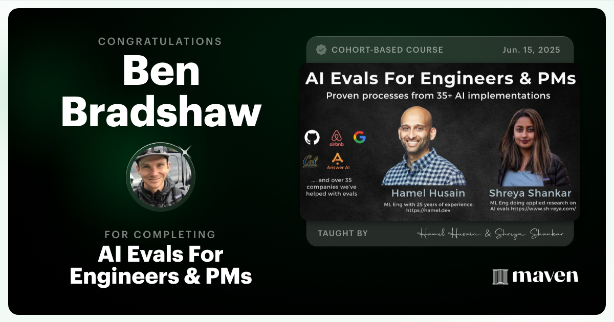 Certificate of Completion for AI Evals For Engineers & PMs