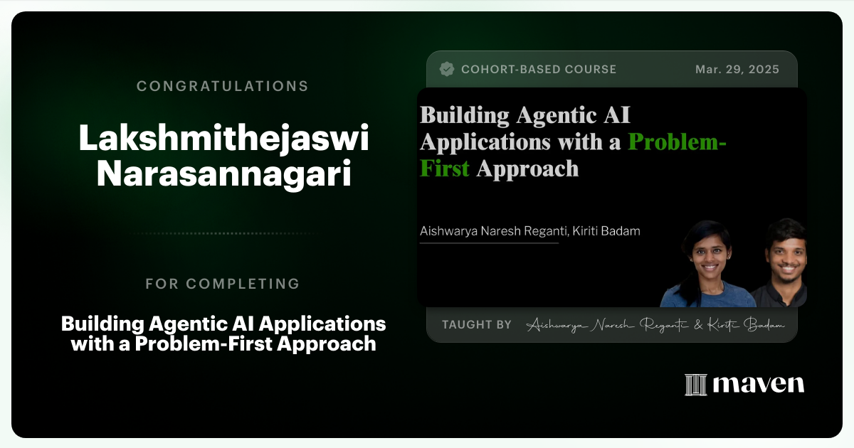 Certificate of Completion for Building Agentic AI Applications with a Problem-First Approach
